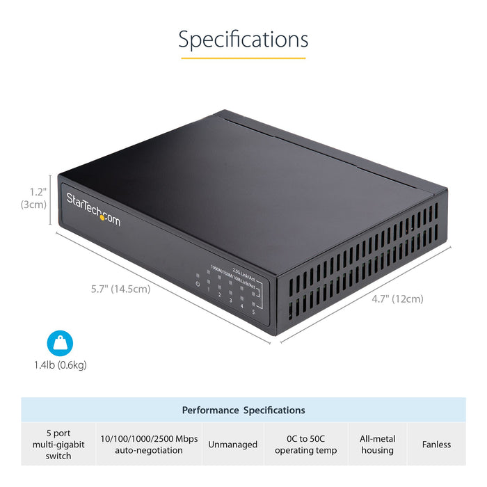 StarTech.com Unmanaged 2.5G Switch - 5 Port Gigabit Switch - 2.5GBASE-T Unmanaged Ethernet Switch - Ethernet Splitter - Din Rail or Wall Mount - Multi-Gigabit - Auto-MDIX - 9K Jumbo, Unmanaged, 2.5G Ethernet (100/1000/2500), Full duplex, Wall mountable