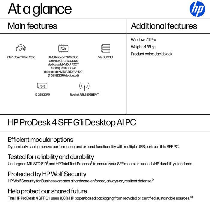 HP ProDesk 4 SFF G1i AI, Intel Core Ultra 7, 265, 16 GB, DDR5-SDRAM, 512 GB, Windows 11 Pro
