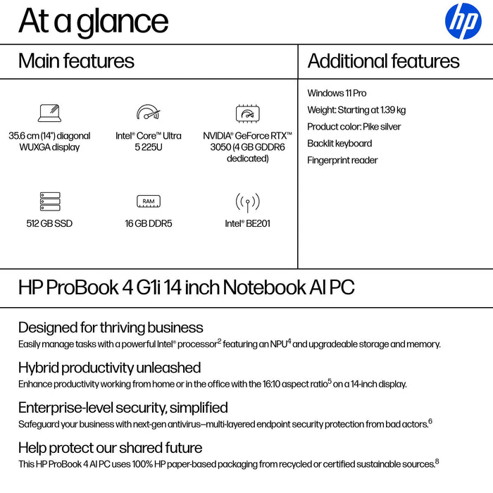 HP ProBook 4 G1i AI PC, Intel Core Ultra 5, 35.6 cm (14"), 1920 x 1200 pixels, 16 GB, 512 GB, Windows 11 Pro