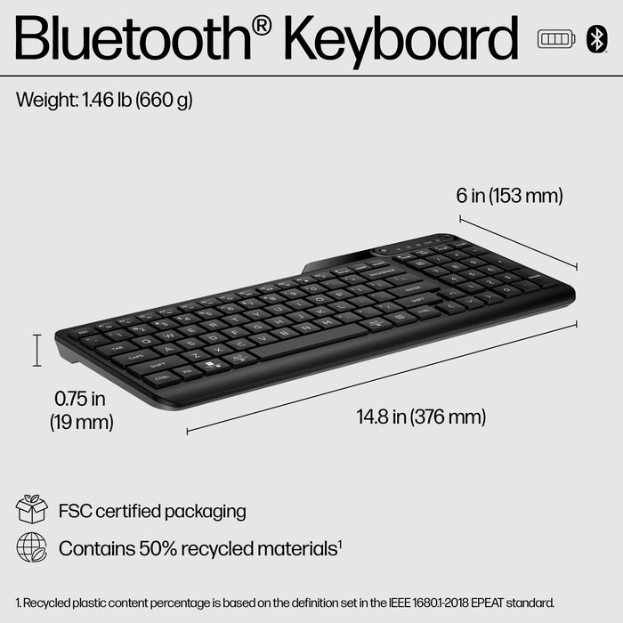 HP 460 Multi-Device Bluetooth Keyboard, Full-size (100%), Wireless, Bluetooth, Plunger key switch, Black