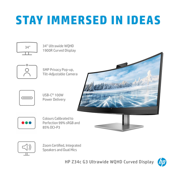 HP Z34c G3 WQHD Curved Display, 86.4 cm (34"), 3440 x 1440 pixels, Wide Quad HD, LED, 6 ms, Grey