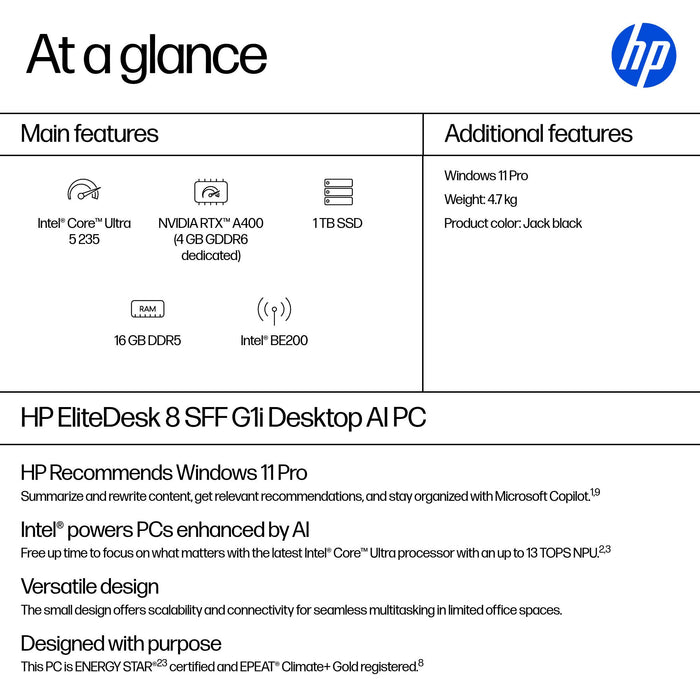 HP EliteDesk 8 G1i AI, Intel Core Ultra 5, 235, 16 GB, DDR5-SDRAM, 1 TB, Windows 11 Pro
