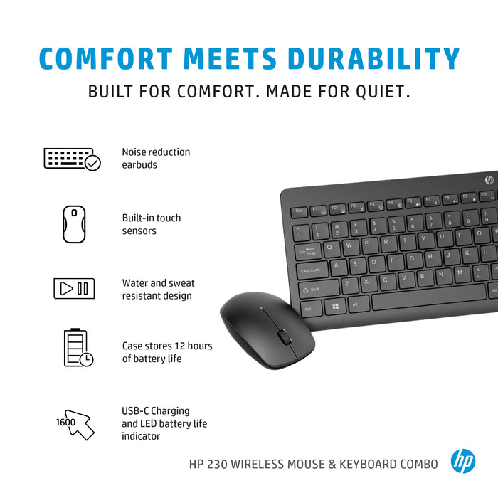 HP 230 Wireless Mouse and Keyboard Combo, Full-size, Wireless, RF Wireless, Membrane, Black, Mouse included
