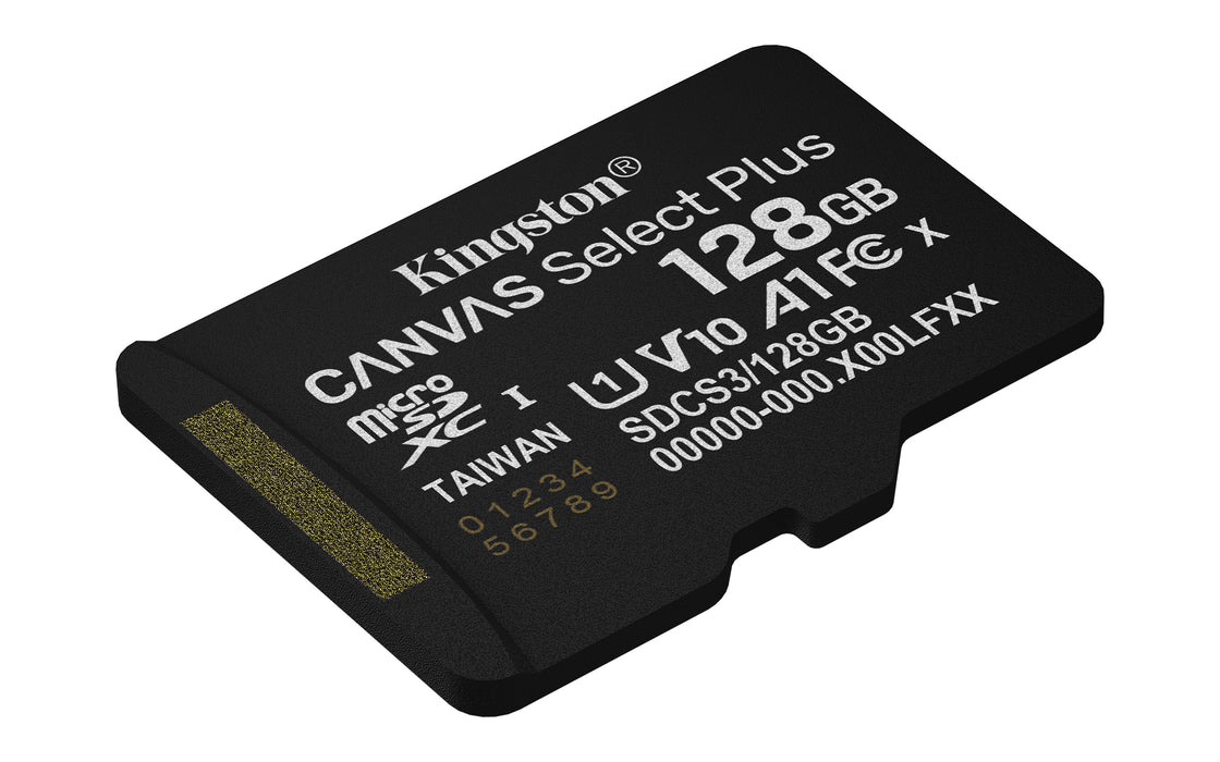 Kingston Technology 128GB micSDXC Canvas Select Plus Gen3 150R A1 Single Pack w/o ADP, 128 GB, MicroSDXC, Class 10, UHS-I, 150 MB/s, Class 1 (U1)