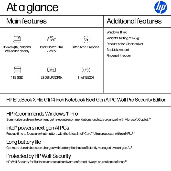 HP EliteBook X Flip G1i Next Gen AI PC Wolf Pro Security Edition, Intel Core Ultra 7, 35.6 cm (14"), 2560 x 1600 pixels, 32 GB, 1 TB, Windows 11 Pro