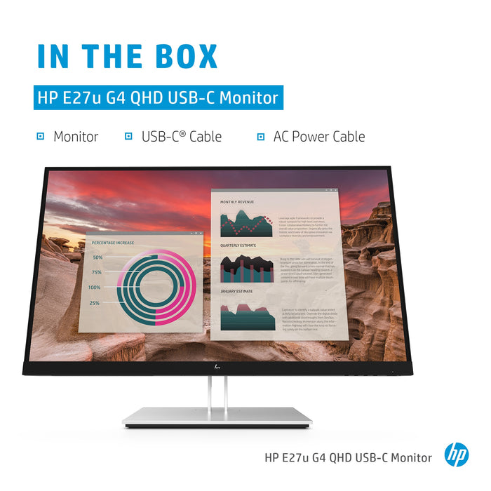 HP E27u G4 QHD USB-C Monitor, 68.6 cm (27"), 2560 x 1440 pixels, Quad HD, LED, 5 ms, Black, Silver
