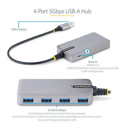 StarTech 4 Port USB Hub, USB 3.0 (5Gbps), Bus Powered, USB-A to 4x USB-A Hub w/ Optional Auxiliary Power Input, Portable Desktop/Laptop USB Hub, 1ft/30cm Cable, USB Expansion Hub (5G4AB-USB-A-HUB)