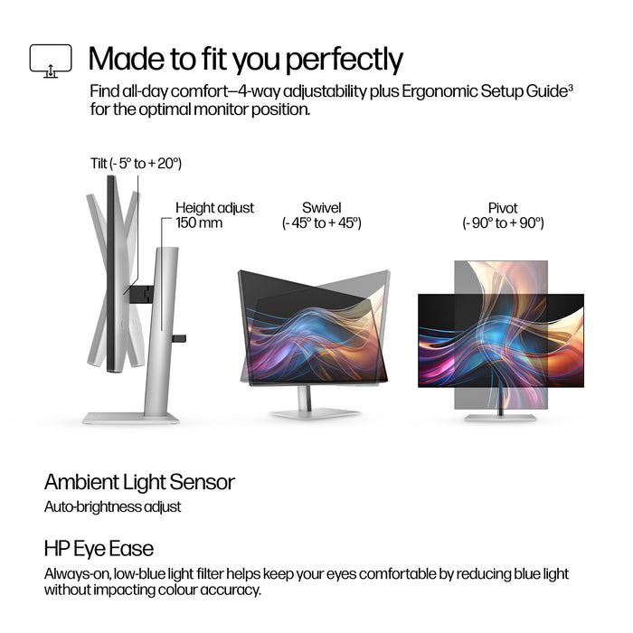 HP Series 7 Pro 27 inch QHD Monitor - 727pq, 68.6 cm (27"), 2560 x 1440 pixels, Quad HD, LCD, 5 ms, Silver