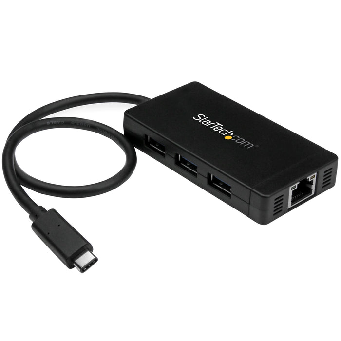 StarTech.com 3-Port USB-C Hub with Gigabit Ethernet - USB-C to 3x USB-A - USB 3.0 (5Gbps) - Includes Power Adapter - TAA, Wired, USB, Ethernet, 1000 Mbit/s, Black