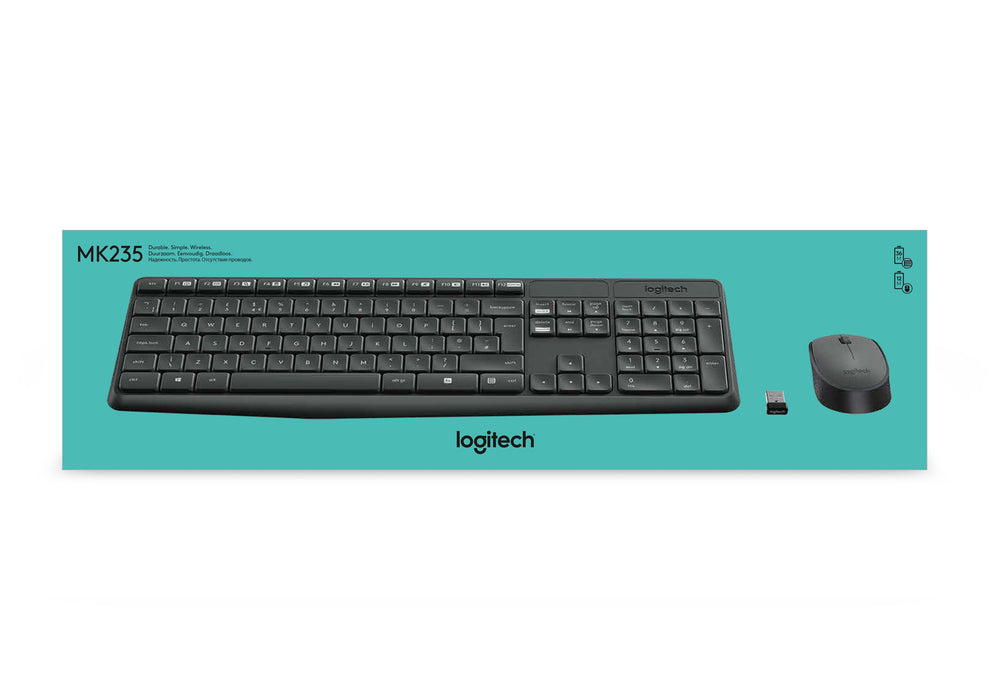 Logitech MK235 Wireless Keyboard and Mouse Combo, Full-size (100%), Wireless, USB, QWERTY, Grey, Mouse included