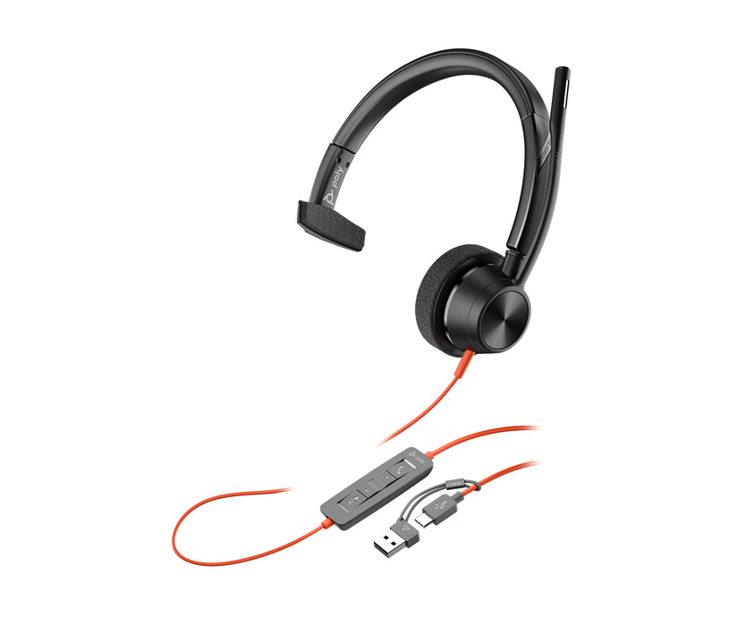 HP Poly Blackwire 3310 Microsoft Teams Certified Headset +USB-C/A Adapter TAA, Wired, Office/Call center, 102 g, Headset, Black