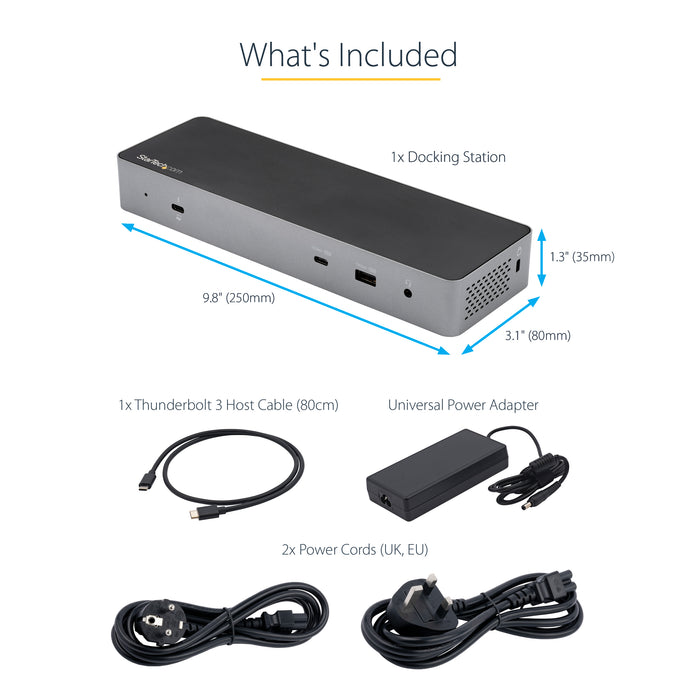 StarTech.com USB C Docking Station for Macbook Pro/Air-M1/M2/M3/M4, Thunderbolt Compatible, HDMI/DisplayPort, Dual 4K 60Hz/Single 8K, USB Type-C Laptop Dock, 96W Power Delivery, USB 10Gbps, Wired, Thunderbolt 3, 96 W, 3.5 mm, Black, Grey, 40 Gbit/s