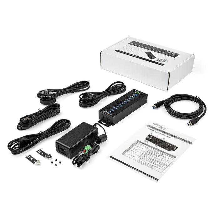 StarTech 10-Port USB 3.0 Hub with Power Adapter - Metal Industrial USB-A Hub with ESD & 350W Surge Protection - Din/Wall/Desk Mountable - High Speed USB 3.0 (5Gbps) - (5Gbps) Hub , TAA