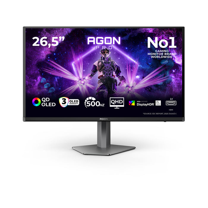 AOC AGON PRO AG276QKD2, 67.3 cm (26.5"), 2560 x 1440 pixels, Quad HD, QD-OLED, 0.03 ms, Black, Grey