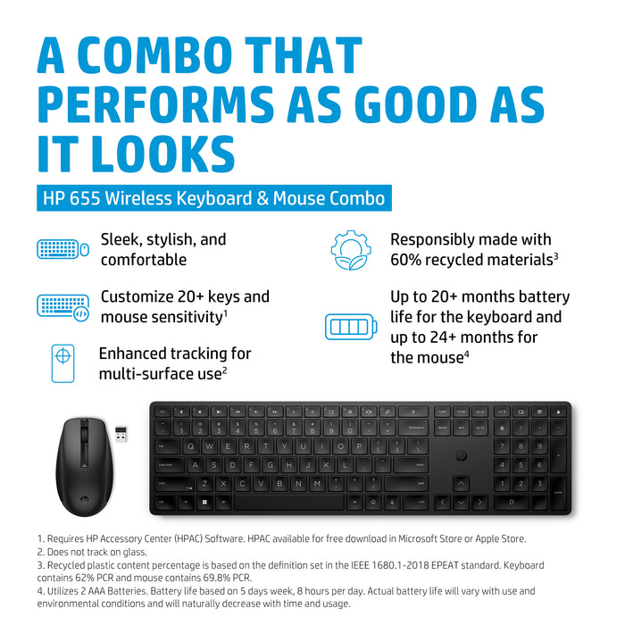 HP 655 Wireless Keyboard and Mouse Combo, Full-size (100%), Wireless, RF Wireless, Membrane, Black, Mouse included