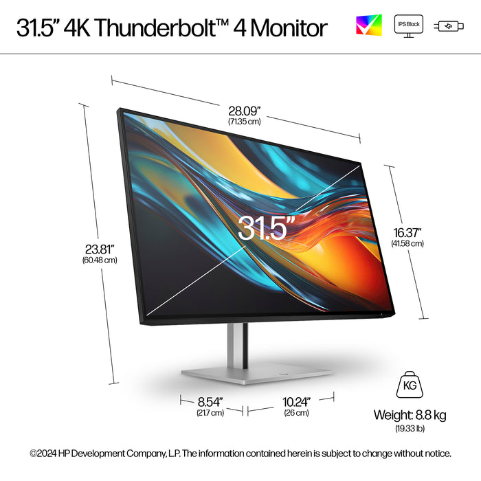 HP Series 7 Pro 31.5 inch 4K Thunderbolt 4 Monitor - 732pk, 80 cm (31.5"), 3840 x 2160 pixels, 4K Ultra HD, LCD, 5 ms, Black, Silver