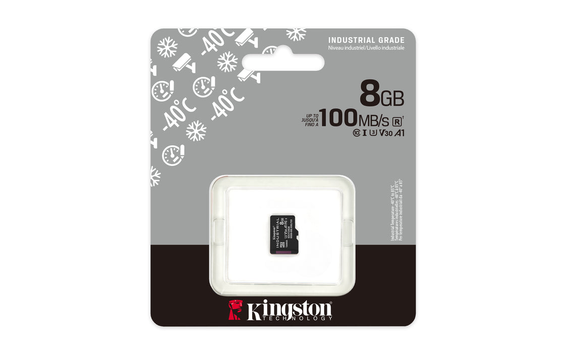 Kingston Technology 8GB microSDHC Industrial C10 A1 pSLC Card Single Pack w/o Adapter, 8 GB, MicroSDHC, Class 10, UHS-I, 100 MB/s, 80 MB/s