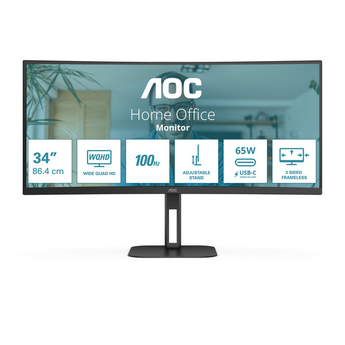 AOC V5 CU34V5C/BK, 86.4 cm (34"), 3440 x 1440 pixels, Wide Quad HD, LED, 4 ms, Black