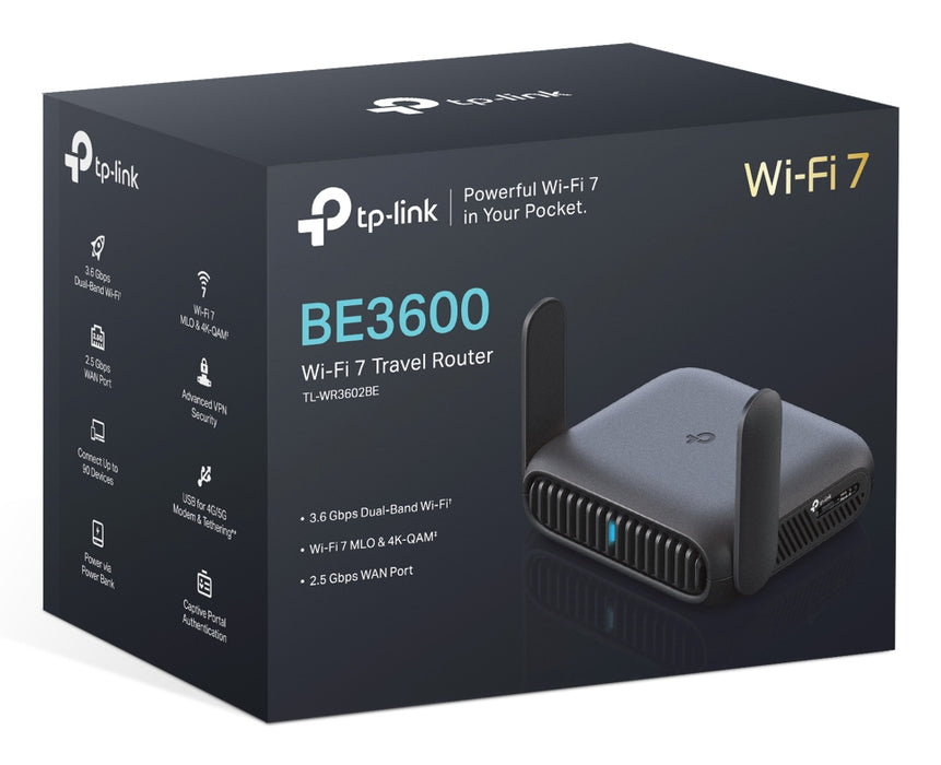 TP-Link BE3600 Wi-Fi 7, Wi-Fi 7 (802.11be), Dual-band (2.4 GHz / 5 GHz), Ethernet LAN, Black, Portable router