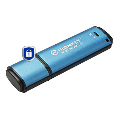 Kingston Technology IronKey 16GB Vault Privacy 50 AES-256 Encrypted, FIPS 197, 16 GB, USB Type-A, 3.2 Gen 1 (3.1 Gen 1), 250 MB/s, Cap, Black, Blue