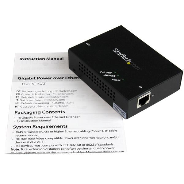 StarTech.com 1-Port Gigabit PoE+ Extender - 802.3at and 802.3af - 100 m (330 ft) - TAA, Network repeater, 100 m, 2000 Mbit/s, Full, Half, 50000 h, 10/100/1000Base-T(X)