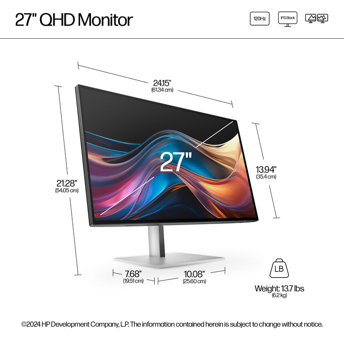 HP Series 7 Pro 27 inch QHD Monitor - 727pq, 68.6 cm (27"), 2560 x 1440 pixels, Quad HD, LCD, 5 ms, Silver