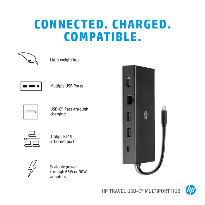 HP Travel USB-C Multi Port Hub, Wired, USB 2.0, Black, MicroSD (TransFlash), SD, China, Compatible with PCs with available USB Type-C port.