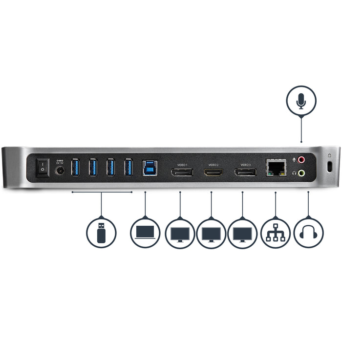 StarTech.com Triple-Monitor USB 3.0 Docking Station - 1x HDMI - 2x DisplayPort, Wired, USB 3.2 Gen 1 (3.1 Gen 1) Type-A, 3.5 mm, USB Type-A, 10,100,1000 Mbit/s, IEEE 802.3, IEEE 802.3ab, IEEE 802.3u