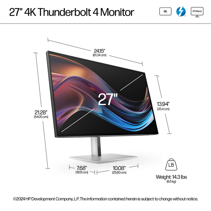 HP Series 7 Pro 27 inch 4K Thunderbolt 4 Monitor - 727pk, 68.6 cm (27"), 3840 x 2160 pixels, 4K Ultra HD, LCD, 5 ms, Black