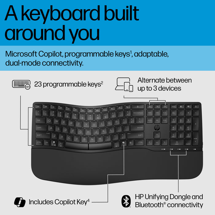 HP 680 Comfort Dual-Mode Keyboard, Full-size (100%), Wireless, RF Wireless + Bluetooth, Plunger key switch, Black