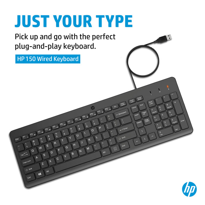 HP 150 Wired Keyboard, Full-size (100%), Wired, USB, Black