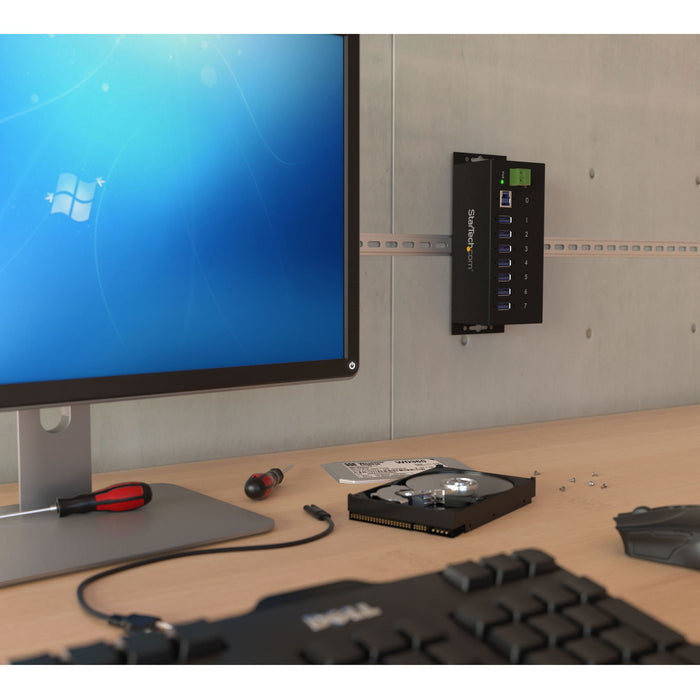 StarTech 7-Port USB 3.0 Hub - 5Gbps - Metal Industrial USB-A Hub with ESD Protection & 350W Surge Protection - Din Rail, Wall or Desk Mountable - TAA Compliant USB Expander Hub (ST7300USBME)