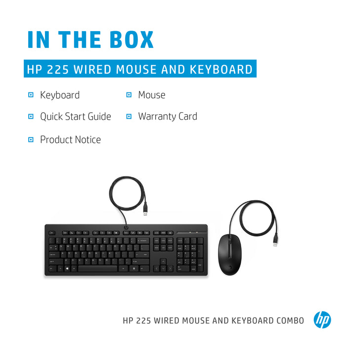 HP 225 Wired Mouse and Keyboard Combo, Full-size (100%), Wired, USB, Membrane, Black, Mouse included