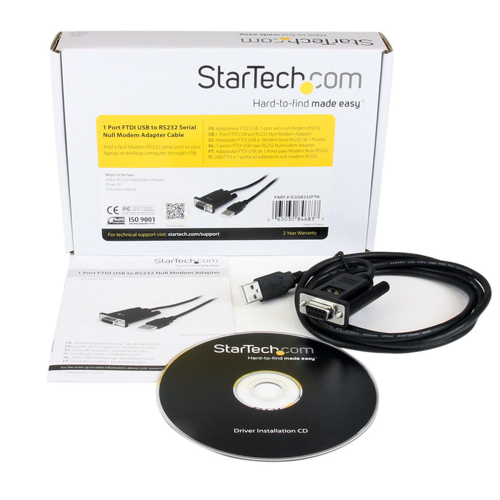 StarTech.com 6ft (1.8m) 1-Port USB to Serial RS232 Adapter, FTDI DB9 Serial DCE Adapter Cable, Null Modem, USB 2.0 - TAA, Black, 1.7 m, USB Type-A, DB-9, Male, Female