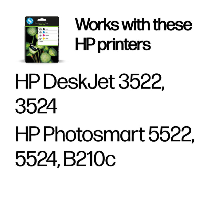 HP 364 4-pack Black/Cyan/Magenta/Yellow Original Ink Cartridges, Standard, Black, Cyan, Magenta, Yellow, Pigment-based ink, Dye-based ink, 6 ml, 3 ml