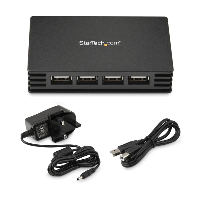 StarTech.com 4 Port Black USB 2.0 Hub - TAA, USB 2.0 Type-B, USB 2.0, 480 Mbit/s, Black, Plastic, Power
