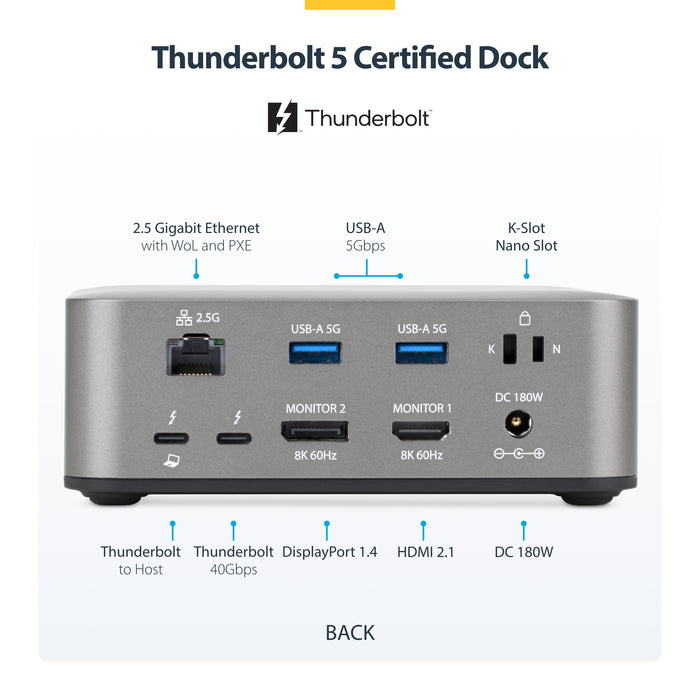 StarTech.com Thunderbolt 5 Universal Docking Station, Multi-Display Hub, 8K 60Hz or 4K 144Hz, 120Gbps Bandwidth Boost, 140W PD, 30W Phone Charging, USB 10Gbps, 2.5G LAN, Wired, Thunderbolt 5, 140 W, 3.5 mm, 10,100,1000,2500 Mbit/s, IEEE 802.3bz