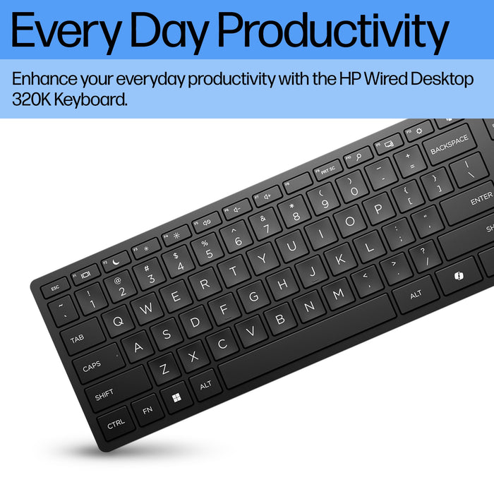 HP Wired Desktop 320K Keyboard, Full-size (100%), Wired, USB, Membrane, Black