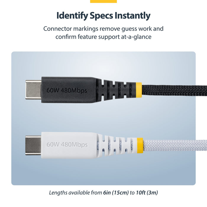 StarTech.com 30cm (1ft) USB-C Charging Cable, 60W (3A) PD, Dual-Layer Braided Nylon/TPE Jacket, Rugged USB C Charging Cord, USB 2.0 Laptop Charger Cable, 0.3 m, USB C, USB C, USB 2.0, 0.48 Gbit/s, Black