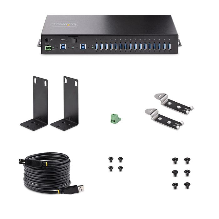 StarTech 16-Port Industrial USB 3.0 Hub 5Gbps, Metal, DIN/Surface/Rack Mountable, ESD Protection, Terminal Block Power, up to 120W Shared USB Charging, Dual-Host Hub/Switch , TAA