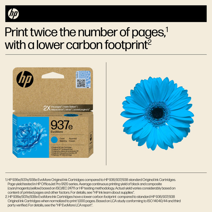 HP 937e EvoMore Cyan Original Ink Cartridge, High (XL) Yield, Cyan, 1 pc(s), 1650 pages, Single pack