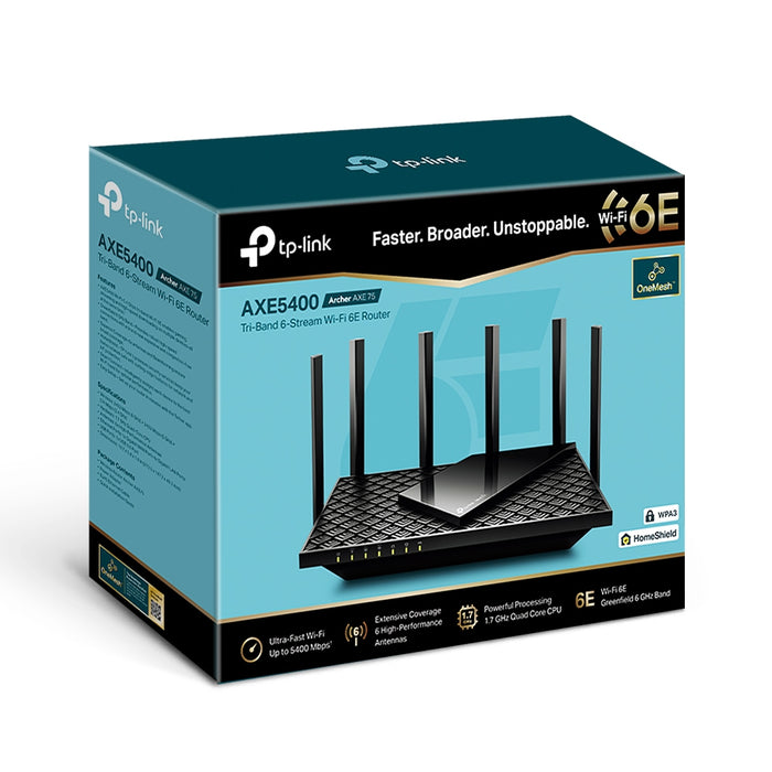 TP-Link Archer AXE5400 Tri-Band Gigabit Wi-Fi 6E Router, Wi-Fi 6E (802.11ax), Tri-band (2.4 GHz / 5 GHz / 6 GHz), Ethernet LAN, Black, Tabletop router