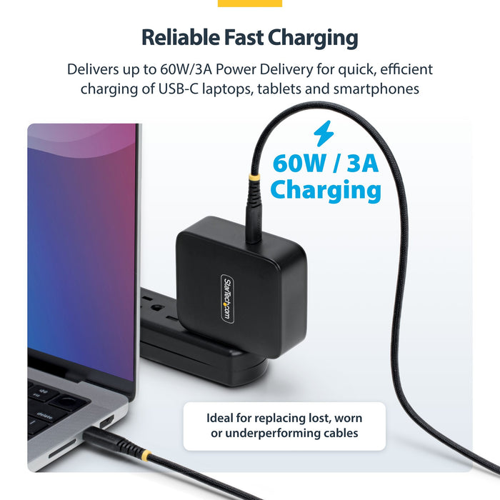 StarTech.com 30cm (1ft) USB-C Charging Cable, 60W (3A) PD, Dual-Layer Braided Nylon/TPE Jacket, Rugged USB C Charging Cord, USB 2.0 Laptop Charger Cable, 0.3 m, USB C, USB C, USB 2.0, 0.48 Gbit/s, Black