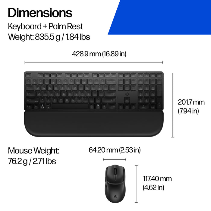 HP Multi-Device Dual-Mode Mouse and Keyboard Combo with Palm Rest 585C, Full-size (100%), Wireless, RF Wireless + Bluetooth, Plunger key switch, Black, Mouse included