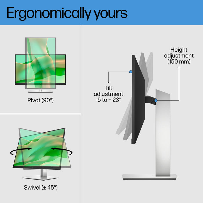HP E24 G4 FHD Monitor, 60.5 cm (23.8"), 1920 x 1080 pixels, Full HD, LCD, 5 ms, Black, Silver