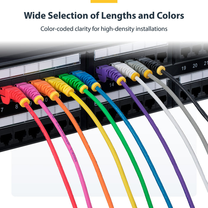 StarTech.com 25cm Yellow Slim CAT6 Ethernet Cable, Snagless, 100W PoE, UTP, LSZH, 28AWG Pure Bare Copper Wire, Slim RJ45 Network Patch Cord w/Strain Reliefs, Individually Tested, 0.25 m, Cat6, U/UTP (UTP), RJ-45, RJ-45, Yellow