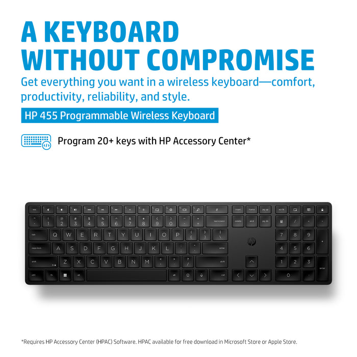HP 455 Programmable Wireless Keyboard, Full-size (100%), Wireless, PS/2, Membrane, Black
