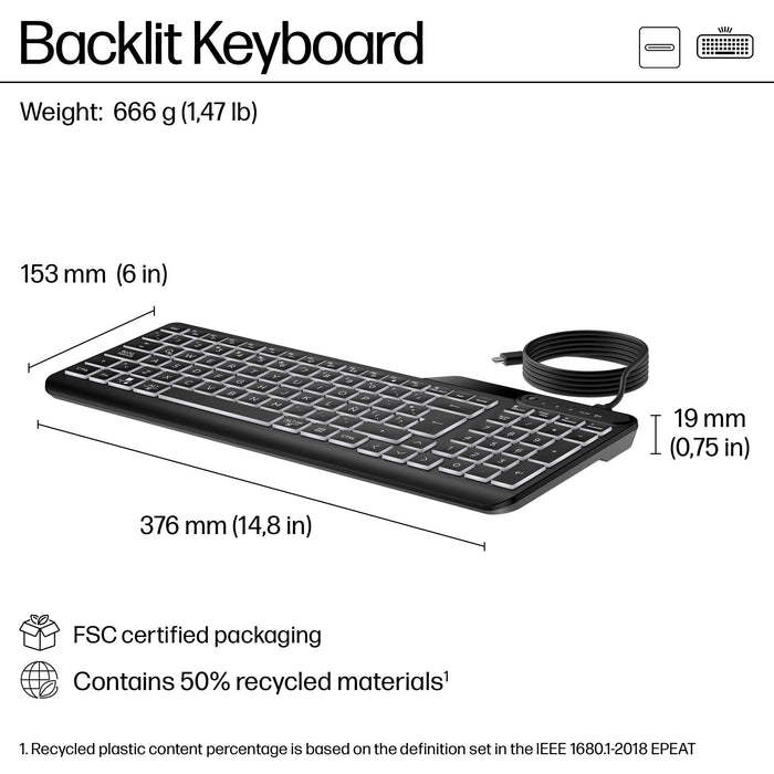 HP 405 Multi-Device Backlit Wired Keyboard, Full-size (100%), Wired, USB, Membrane, Black