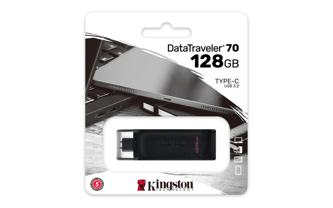 Kingston Technology DataTraveler 128GB USB-C 3.2 Gen 1 70, 128 GB, USB Type-C, 3.2 Gen 1 (3.1 Gen 1), Cap, 7 g, Black