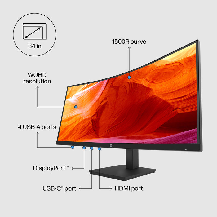 HP P34hc G4 WQHD USB-C Curved Monitor, 86.4 cm (34"), 3440 x 1440 pixels, Wide Quad HD, LCD, 5 ms, Black